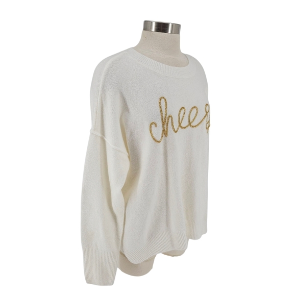 Vince Camuto Holiday Sweater Ivory Beaded Cheers Long Sleeve Knit Pullover Large - Picture 2 of 7